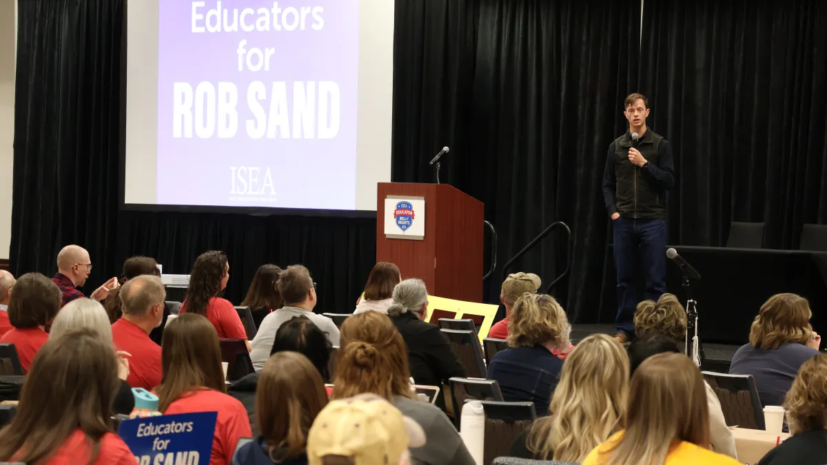 Iowa Gubernatorial candidate Rob Sand speaks to ISEA members at the 2026 Delegate Assembly