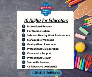 ISEA Educator Bill of Rights logo 1. Professional Respect 2. Fair Compensation 3. Safe and Healthy Work Environment 4. Manageable Workload 5. Quality Given Resources 6. Professional Collaboration 7. Community Support 8. Professional Growth 9. Secure Retirement 10. Collaborative Leadership. #ISEA Bill of Rights