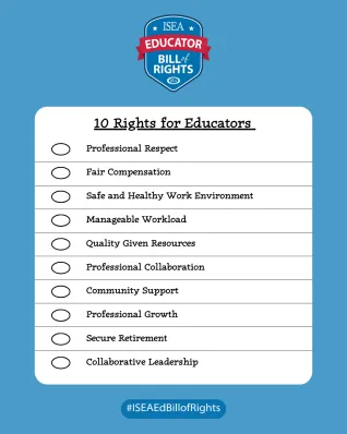 ISEA Educator Bill of Rights logo 1. Professional Respect 2. Fair Compensation 3. Safe and Healthy Work Environment 4. Manageable Workload 5. Quality Given Resources 6. Professional Collaboration 7. Community Support 8. Professional Growth 9. Secure Retirement 10. Collaborative Leadership. #ISEA Bill of Rights