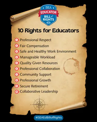 ISEA Educator Bill of Rights logo 1. Professional Respect 2. Fair Compensation 3. Safe and Healthy Work Environment 4. Manageable Workload 5. Quality Given Resources 6. Professional Collaboration 7. Community Support 8. Professional Growth 9. Secure Retirement 10. Collaborative Leadership. #ISEA Bill of Rights